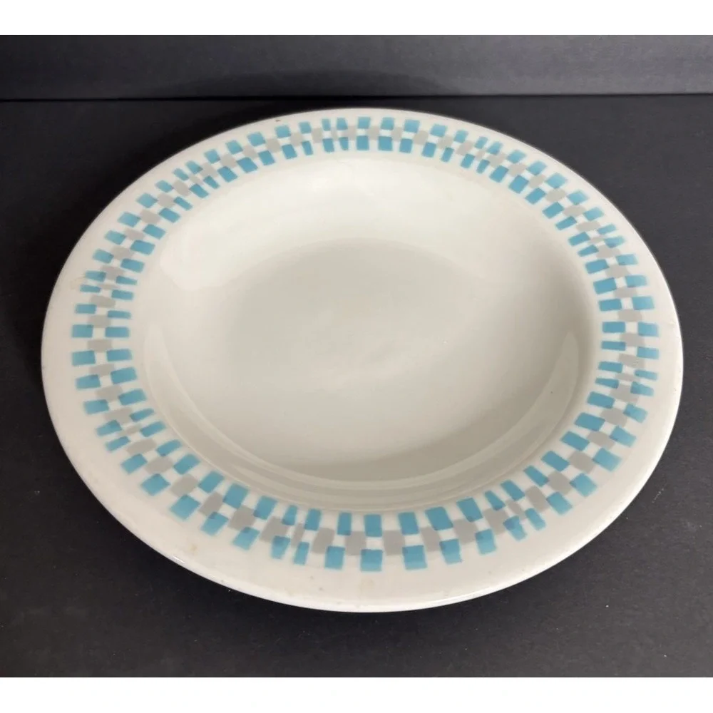 Shenango China Turquoise Gray Checker Rimmed Soup Bowl 9